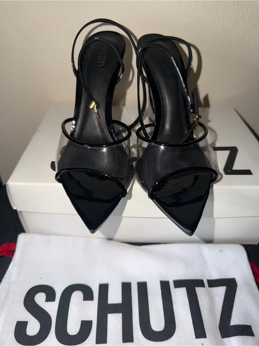 SCHUTZ ❤️‍🔥 “Elodie” Patent Wedge Slingback Peep-Toe Heels